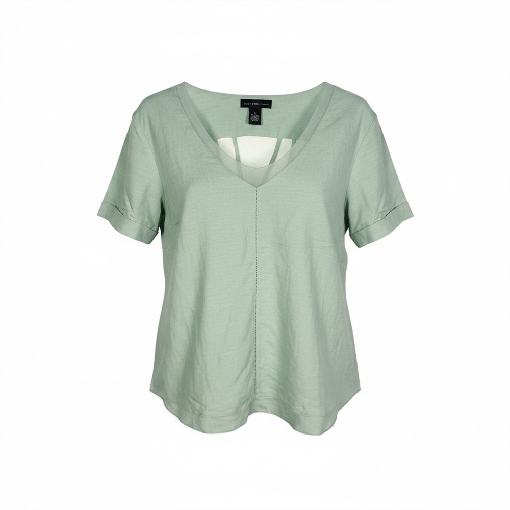 Joan Vass Linen Blend Blouse XL Sage Green Strappy Back Mesh Trim Coastal Boho